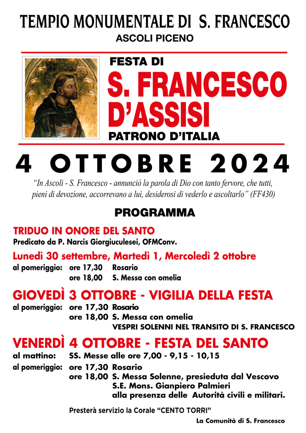 Festa di San Francesco d'Assisi: 4 ottobre 2024 ad Ascoli Piceno - locandina